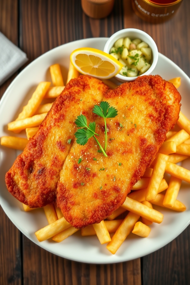 beer battered schnitzel with fries