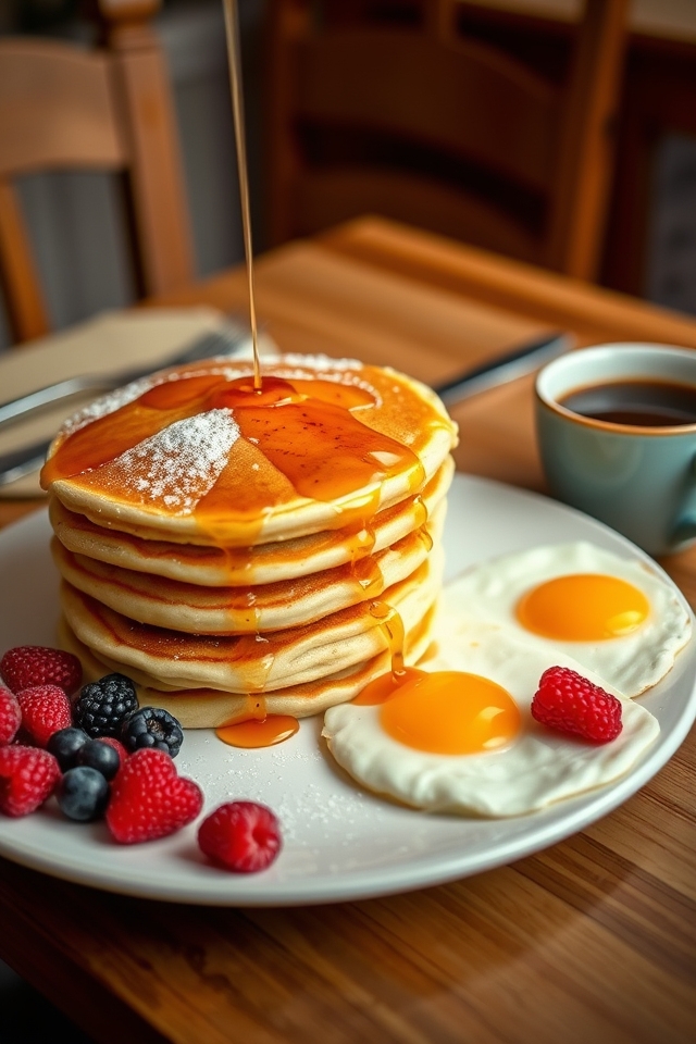fluffy pancakes and eggs
